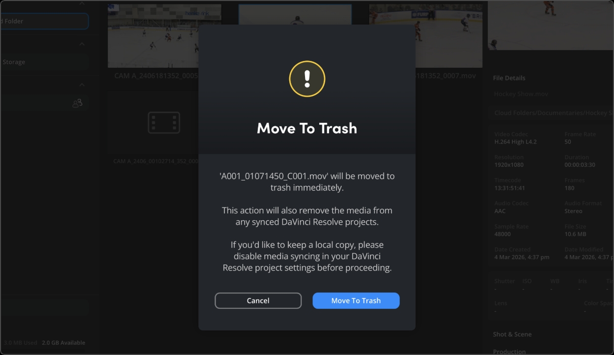 Move to trash confirmation dialog in Cloud Storage app