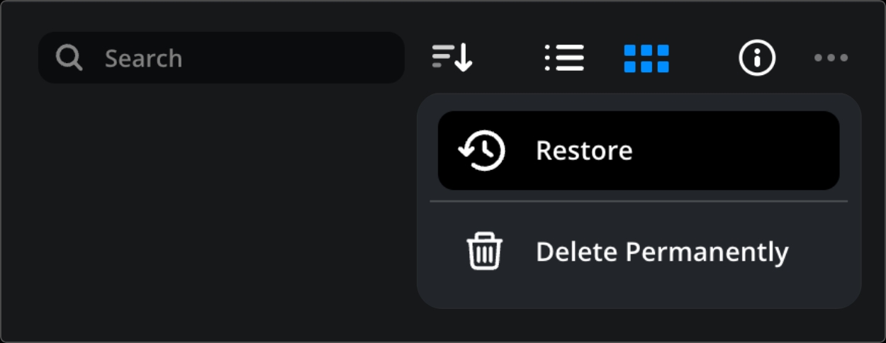 Restore option in context menu in Cloud Storage app
