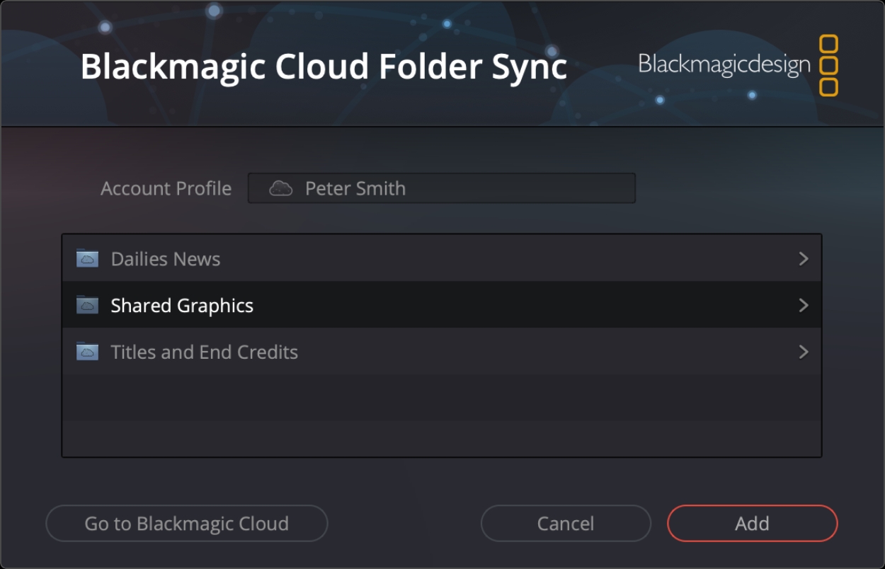 Blackmagic Cloud Folder Sync window in DaVinci Resolve