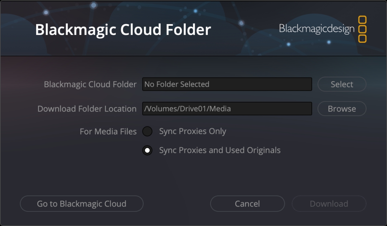 Blackmagic Cloud Folder Location window in DaVinci Resolve