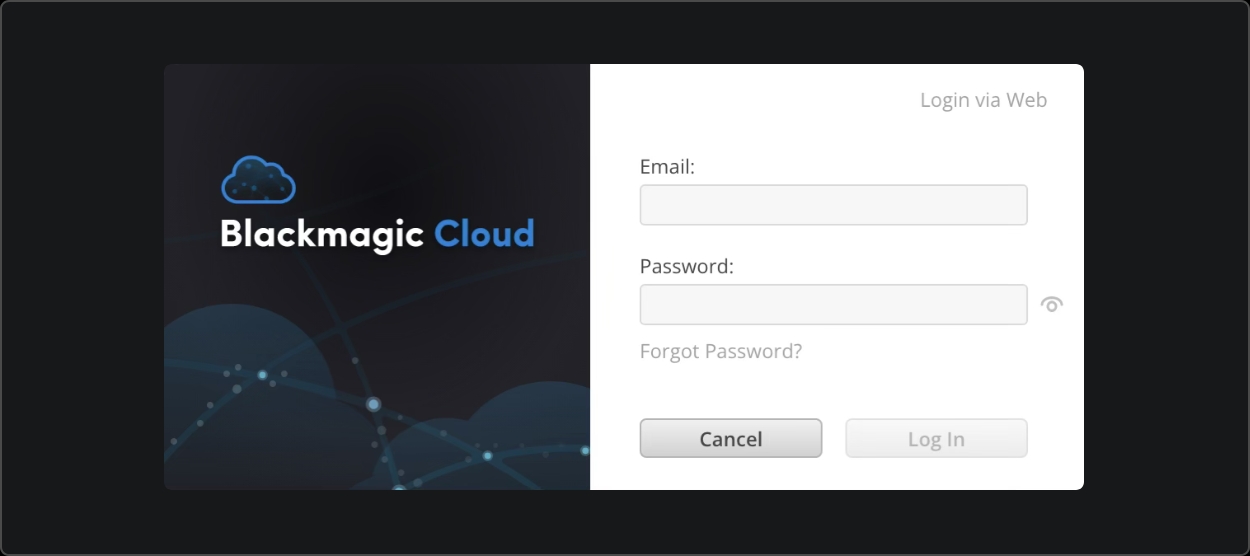 Blackmagic Cloud login window from Cloud Store utility