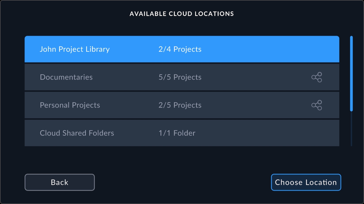 Available cloud locations menu in Blackmagic URSA Cine