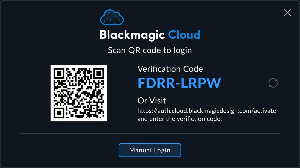 Blackmagic Cloud QR code login screen in Blackmagic URSA Cine
