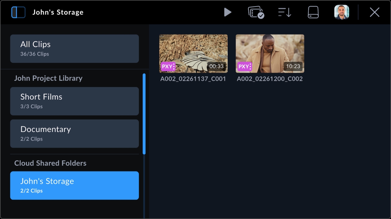 Project list in Blackmagic URSA Cine showing upload status to Blackmagic Cloud