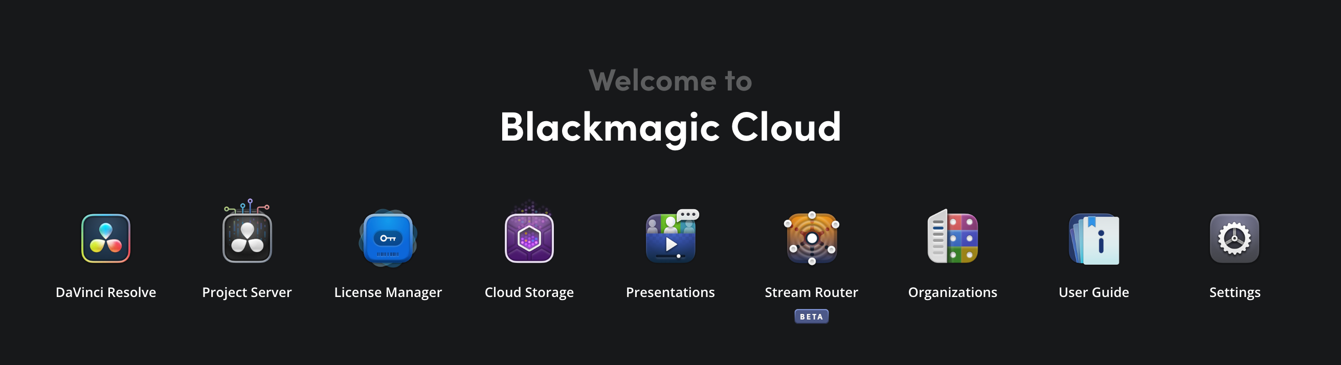 The Blackmagic Cloud dashboard showing the available app icons