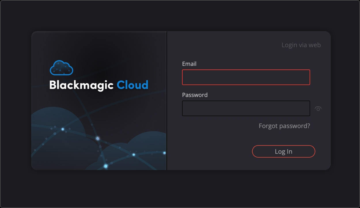 Blackmagic Cloud Email and Password Entry