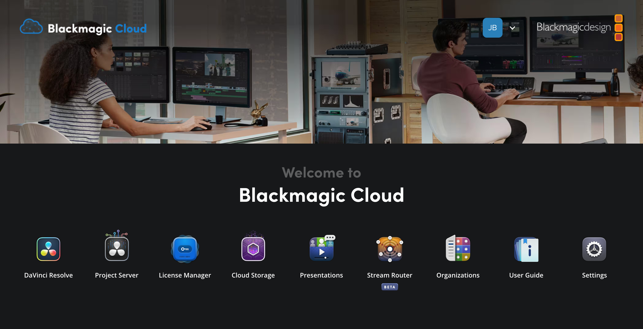 Blackmagic Cloud home page with app icons