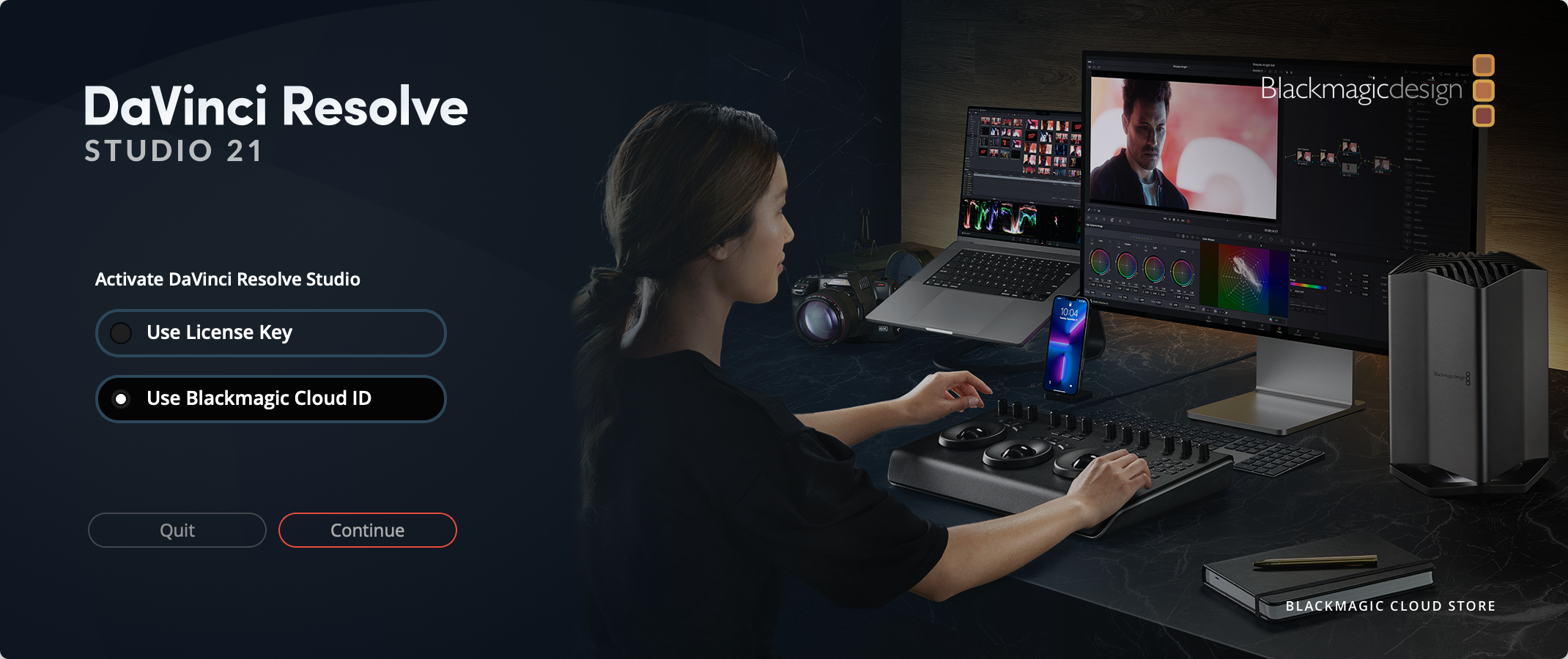 The DaVinci Resolve Studio 21 activation screen with 'Use Blackmagic Cloud ID' selected instead of 'Use License Key', and a Continue button