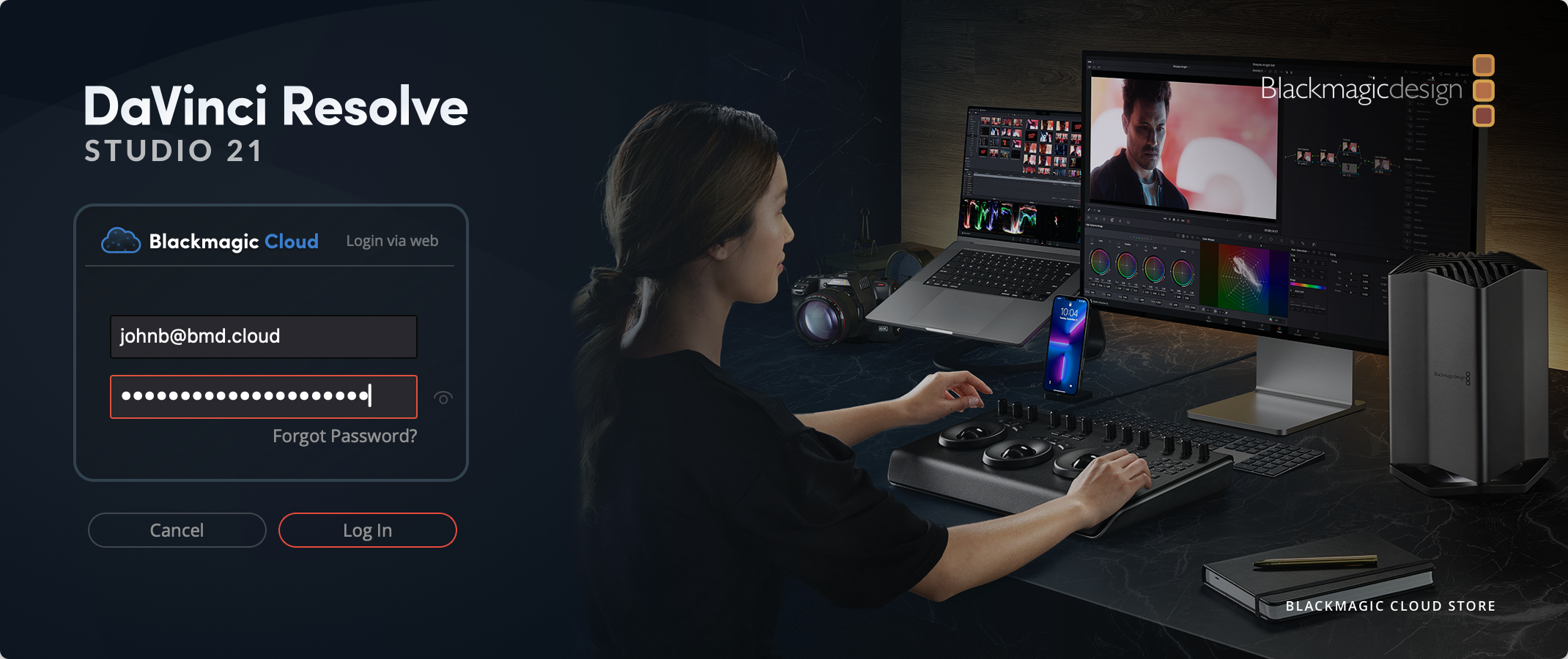 The Blackmagic Cloud login screen in DaVinci Resolve Studio with a Blackmagic Cloud ID email address and password entered, and a 'Log In' button