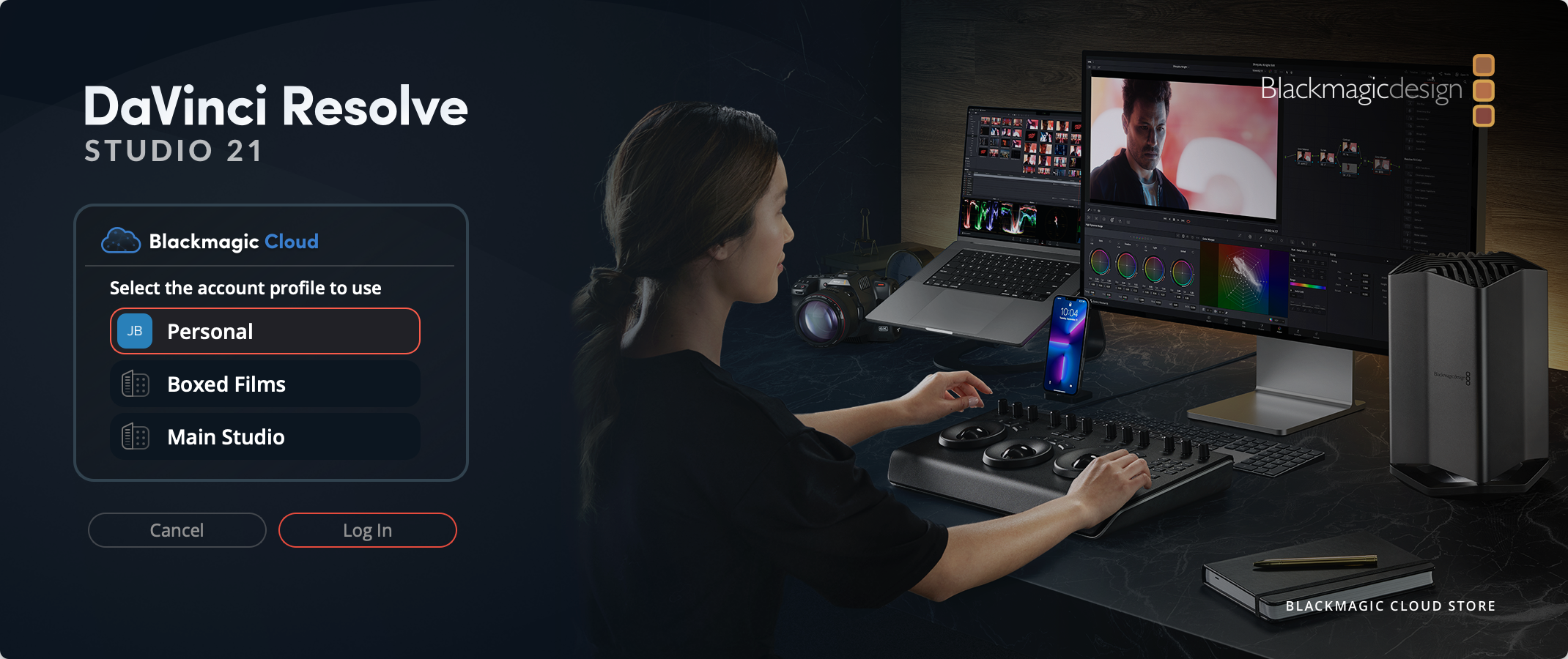 The 'Select the account profile to use' screen in DaVinci Resolve Studio with the 'Personal' profile selected from a list that also includes 'Boxed Films' and 'Main Studio'