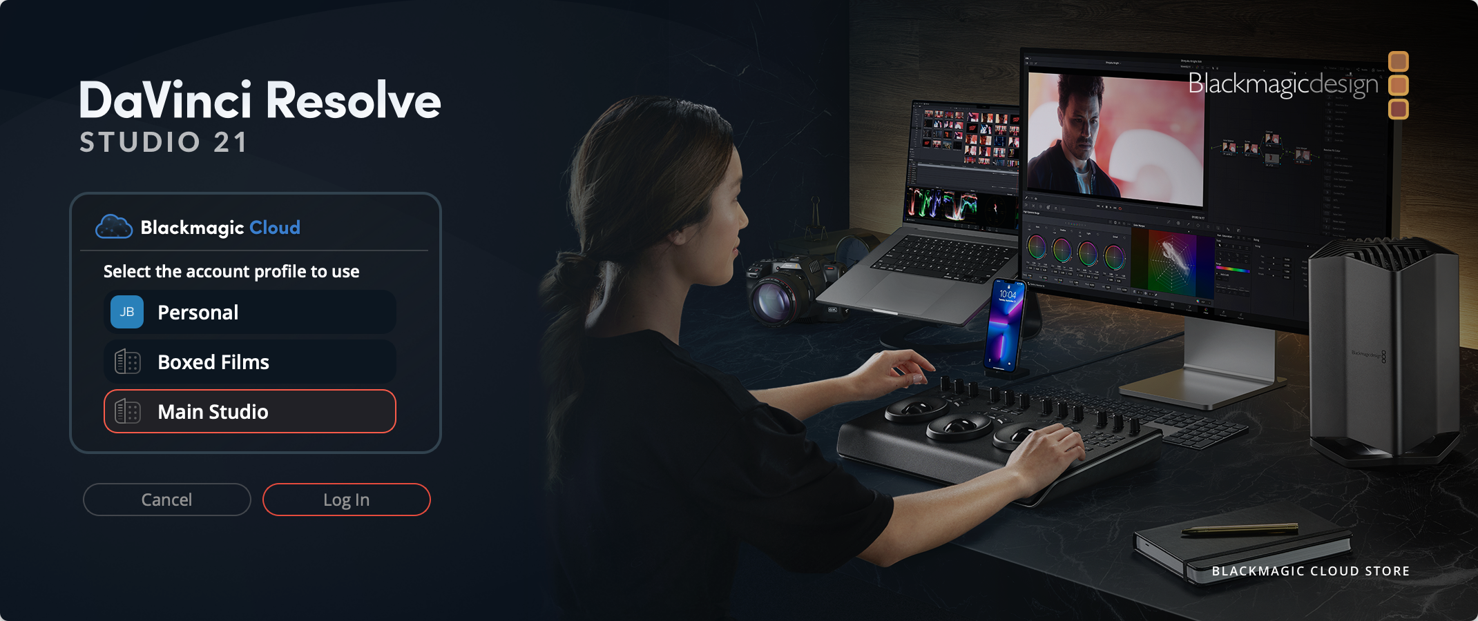 The 'Select the account profile to use' screen in DaVinci Resolve Studio with the 'Main Studio' organization profile selected from the list, and a 'Log In' button
