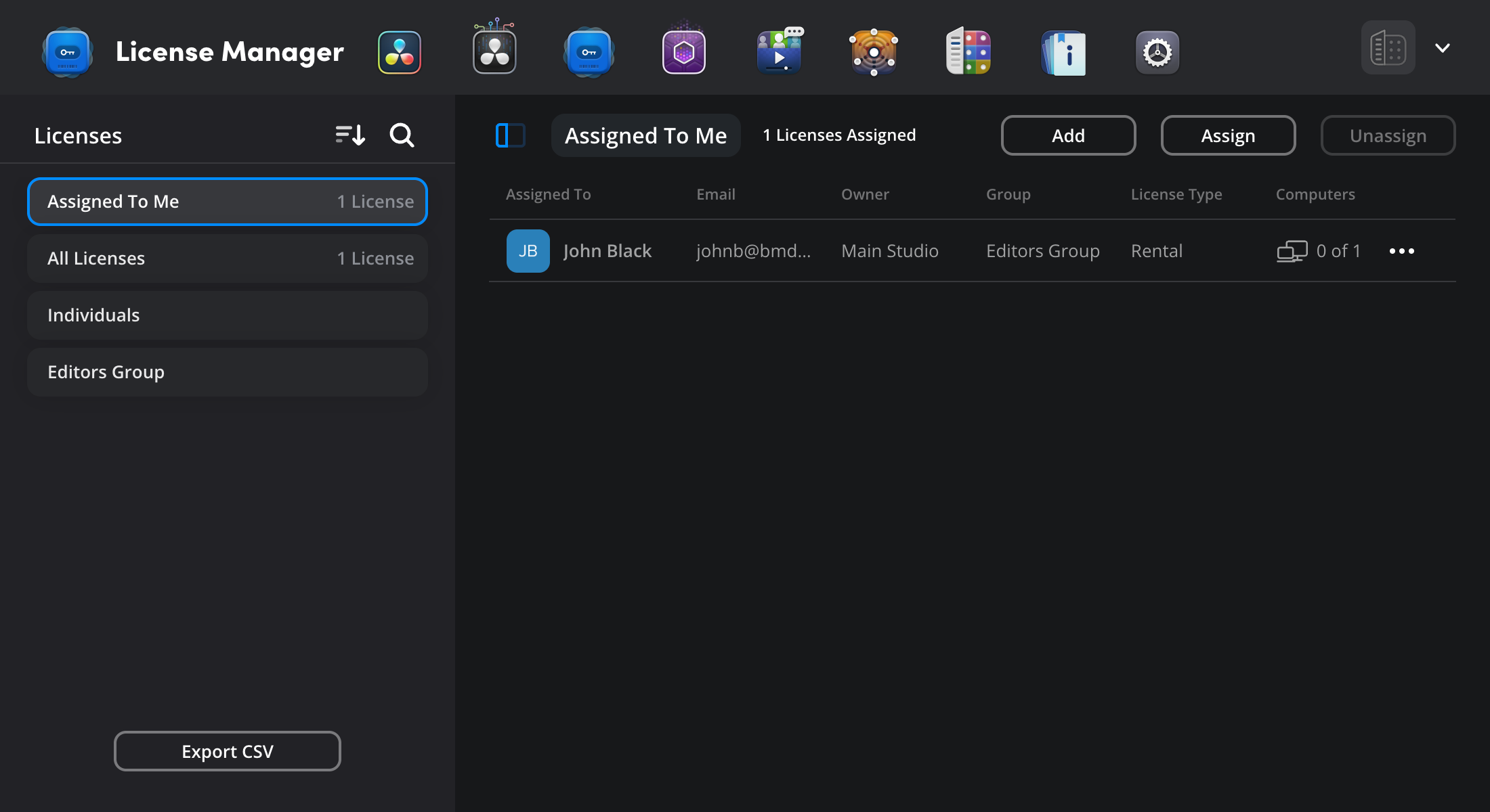 The License Manager page showing the Licenses panel with 'Assigned To Me', 'All Licenses', 'Individuals' and 'Editors Group' categories, and a rental license assigned to John Black in the main panel