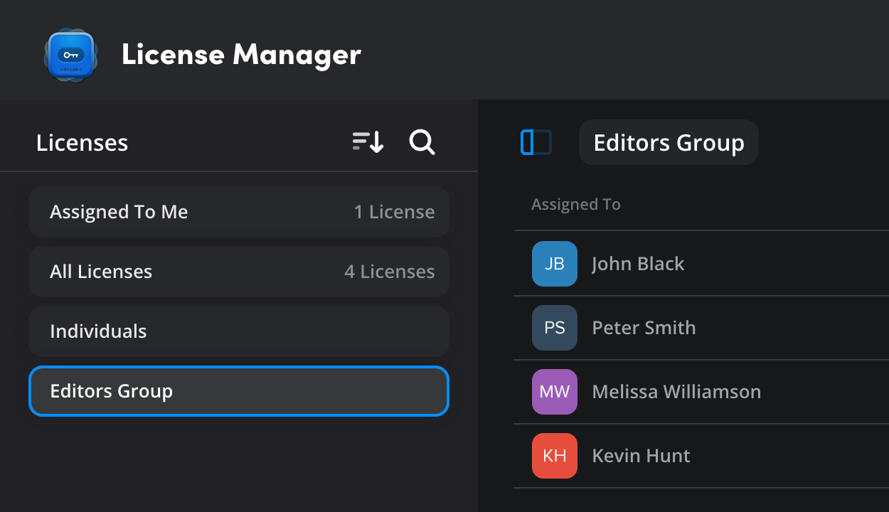 The License Manager licenses panel with 'Editors Group' selected, listing the assigned group members John Black, Peter Smith, Melissa Williamson and Kevin Hunt