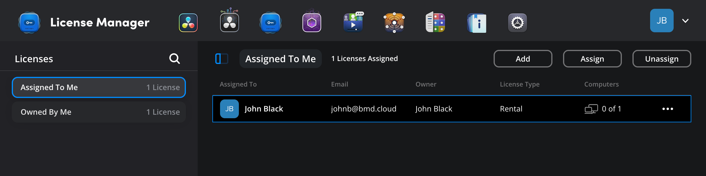 The License Manager page with 'Assigned To Me' selected, a rental license for John Black selected and highlighted in the main panel, ready to be unassigned