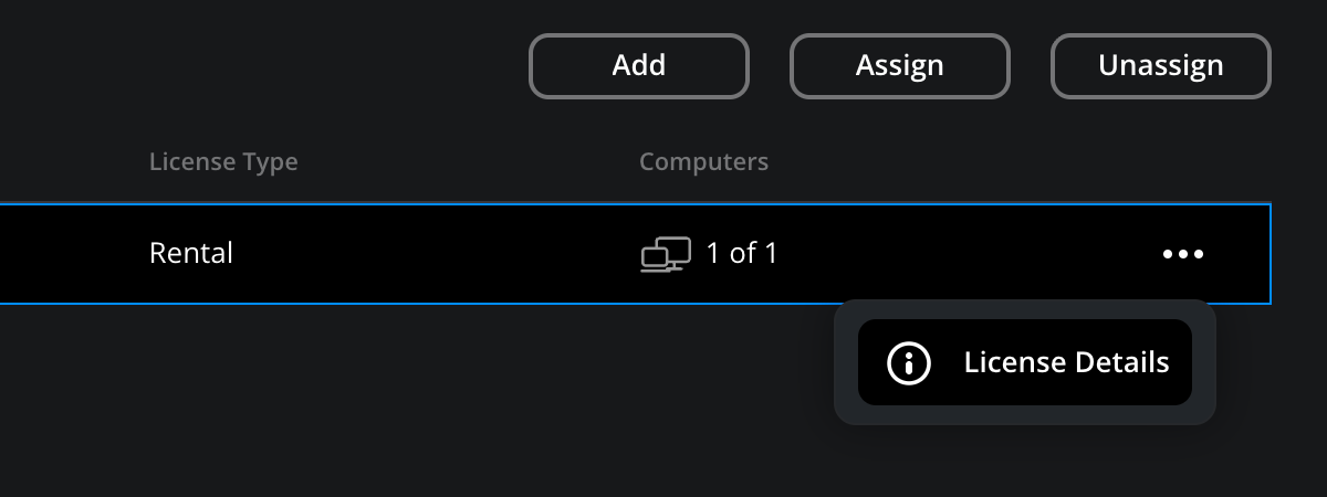 A license row with the options menu open showing the 'License Details' item, used to view a user's active computer sessions