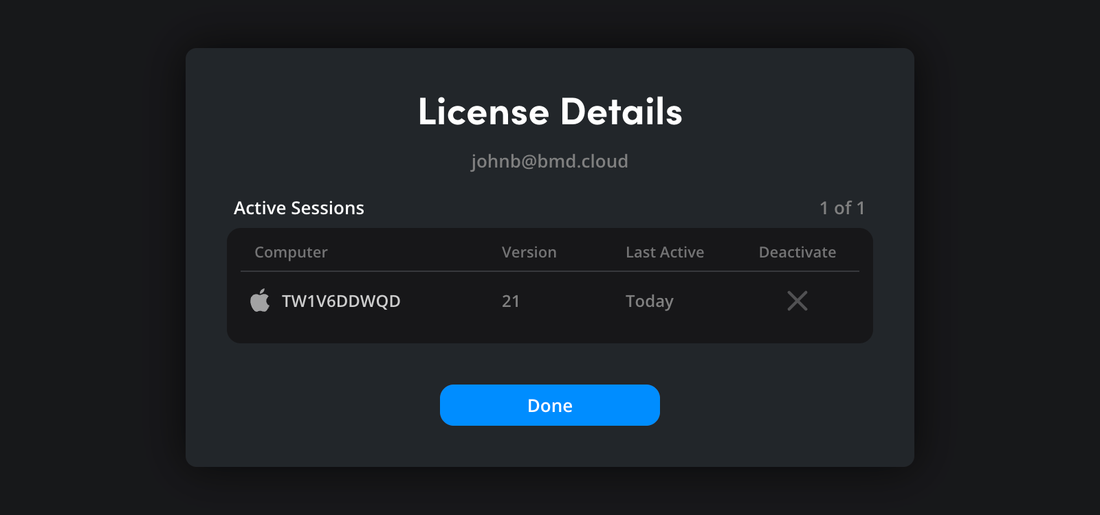 The 'License Details' panel for johnb@bmd.cloud showing an active session with the computer serial number, DaVinci Resolve Studio version, last active date and a deactivate 'x' icon, with a Done button