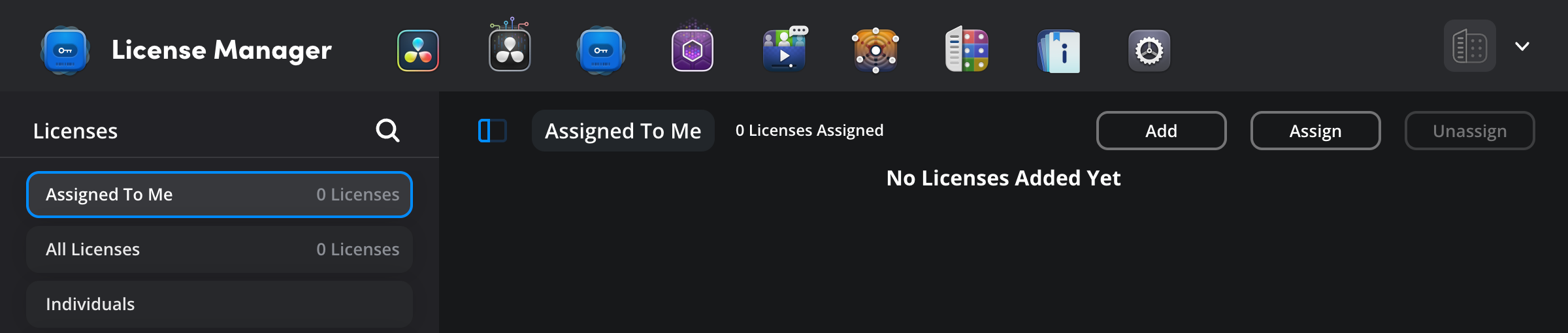 The License Manager page with no licenses added yet, showing the 'Add' button at the top right next to the 'Assign' and 'Unassign' buttons