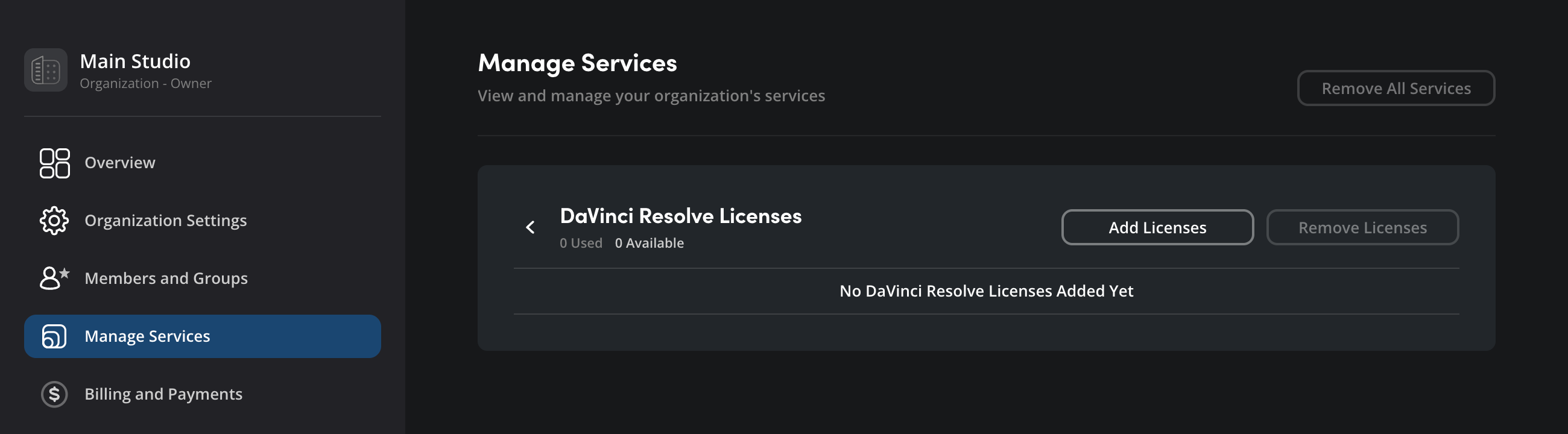 The Manage Services page in the account settings, showing the DaVinci Resolve Licenses section with 'Add Licenses' and 'Remove Licenses' buttons and no licenses added yet