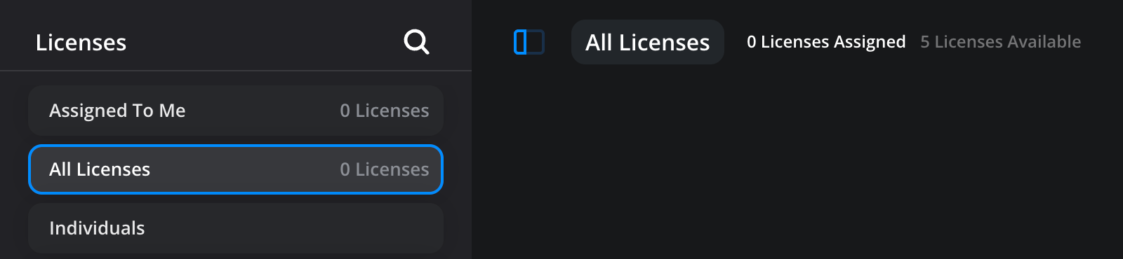 The License Manager licenses panel with 'All Licenses' selected, showing 0 licenses assigned and 5 licenses available