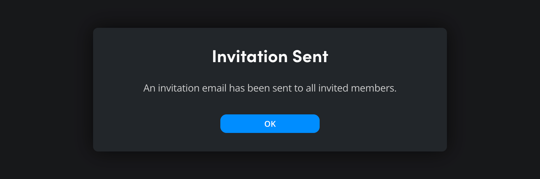 The Invitation Sent confirmation dialog with message confirming invitation emails have been sent
