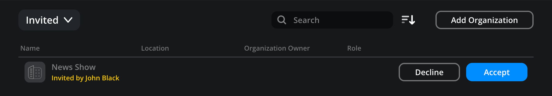 The organizations page showing an Invited organization with Decline and Accept action buttons