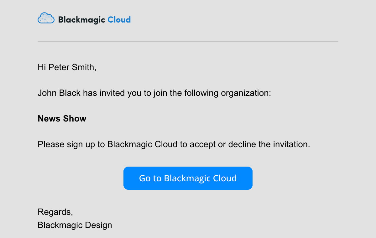 Email invitation from Blackmagic Cloud showing the organization name and a button to accept the invitation