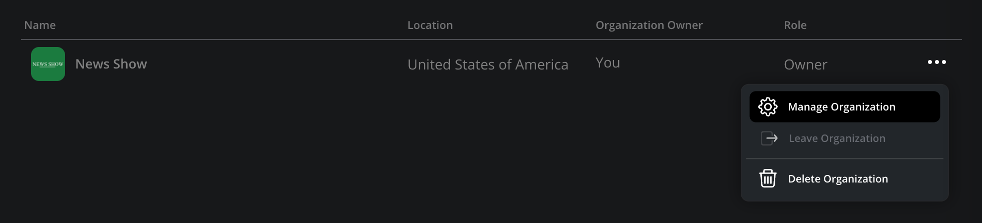 The three-dot context menu showing Manage Organization as a highlighted option