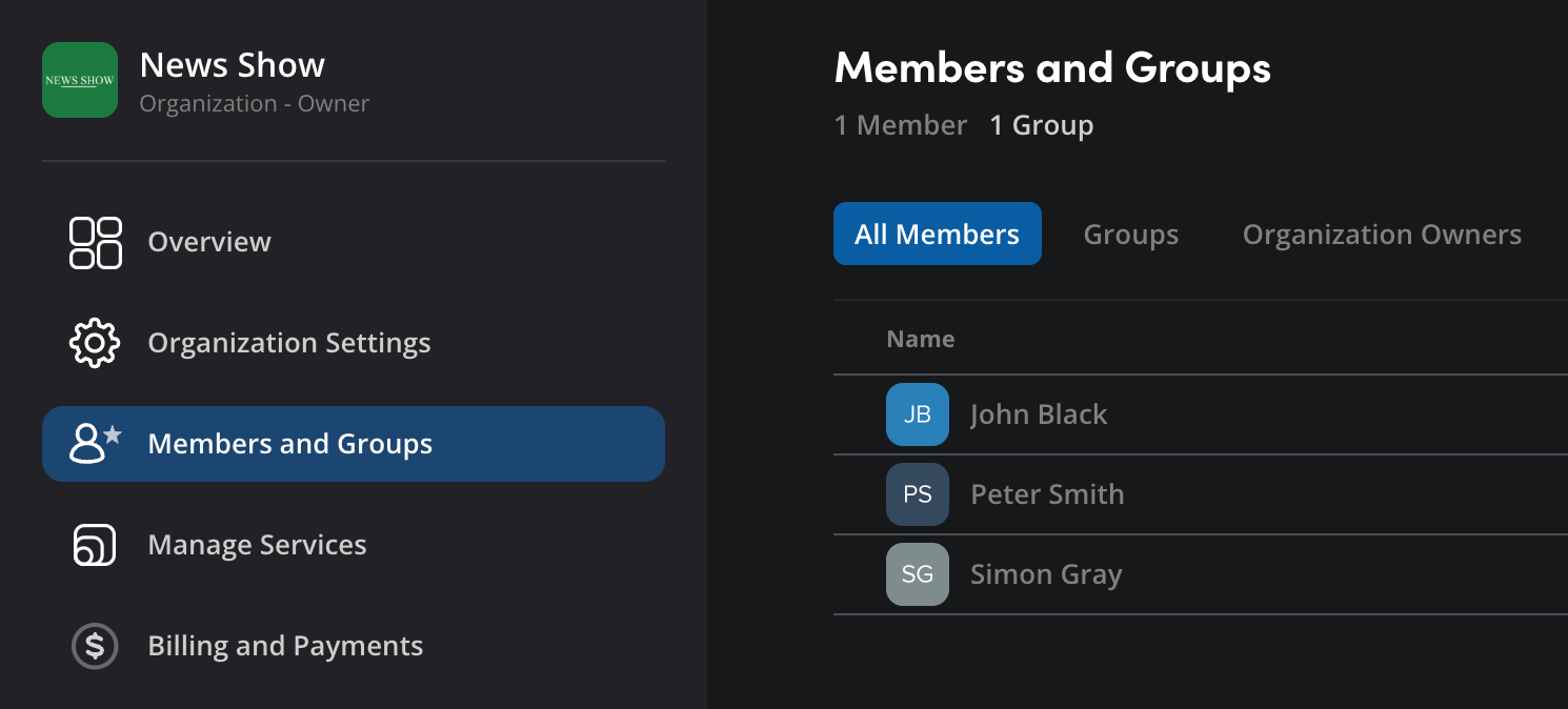 The Members and Groups page showing the sidebar with Members and Groups option highlighted