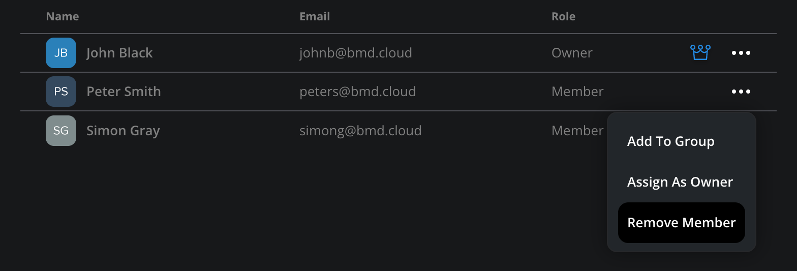 The All Members table showing the context menu with member action options