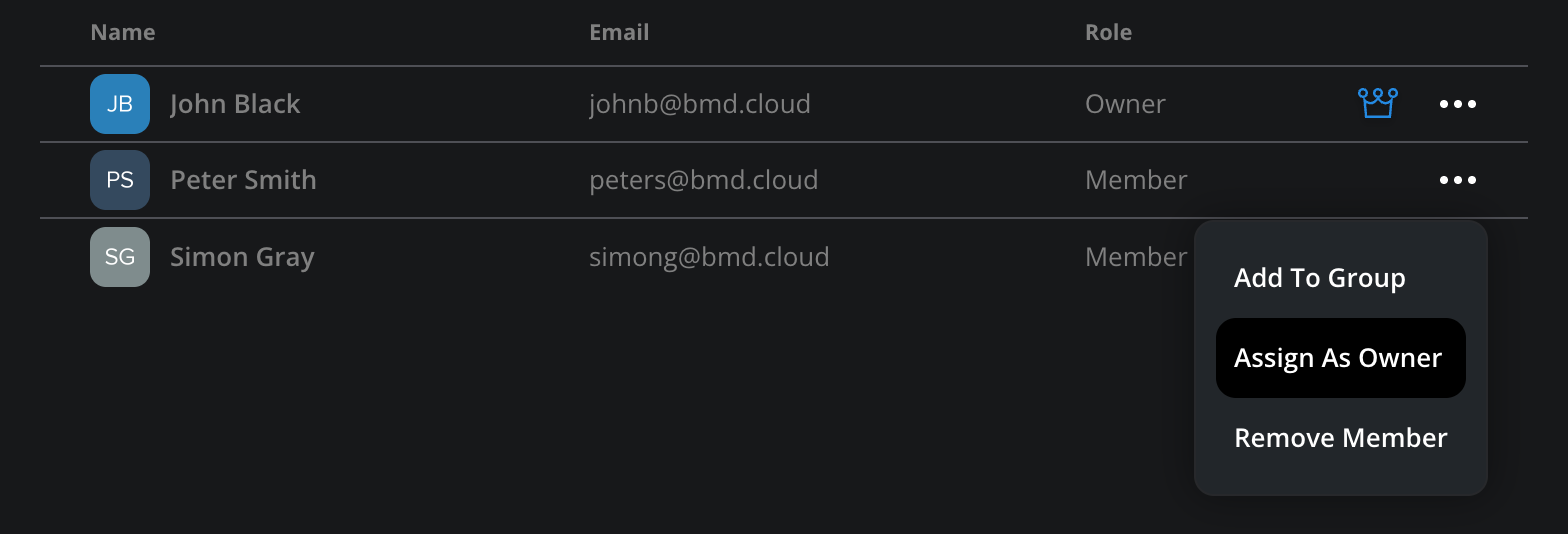 The All Members table showing the context menu with Assign As Owner option highlighted