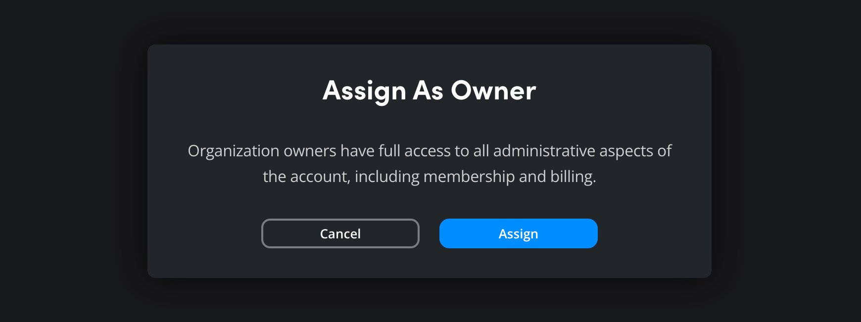 The Assign As Owner confirmation dialog explaining owner permissions