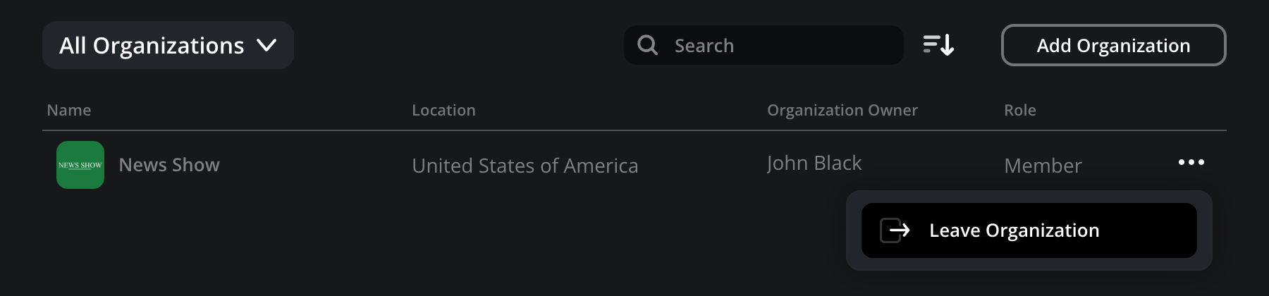The organizations page showing the three-dot menu with Leave Organization option