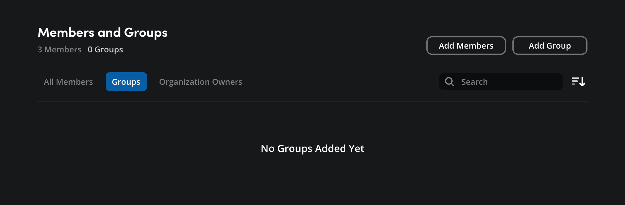 The Groups tab in Members and Groups page showing empty state with No Groups Added Yet message