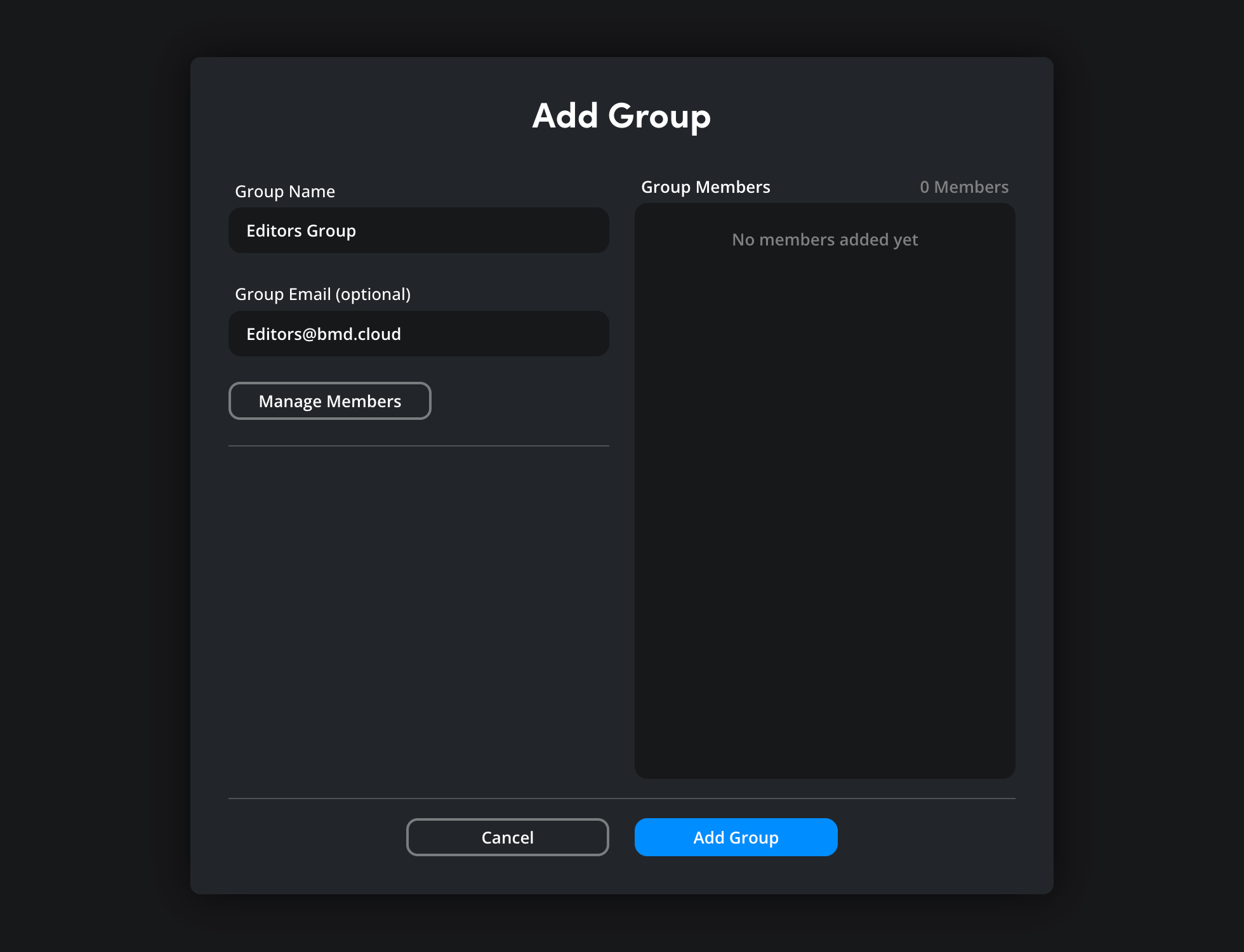 The Add Group dialog showing Group Name and Group Email fields with example values