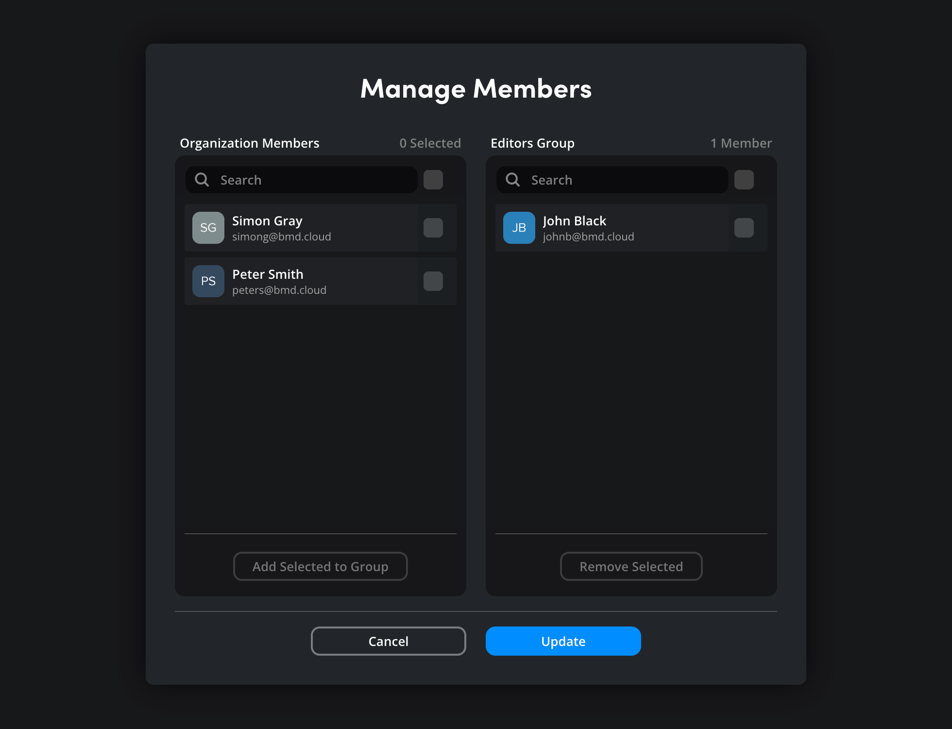The Manage Members dialog showing Organization Members on the left and Editors Group members on the right with checkboxes