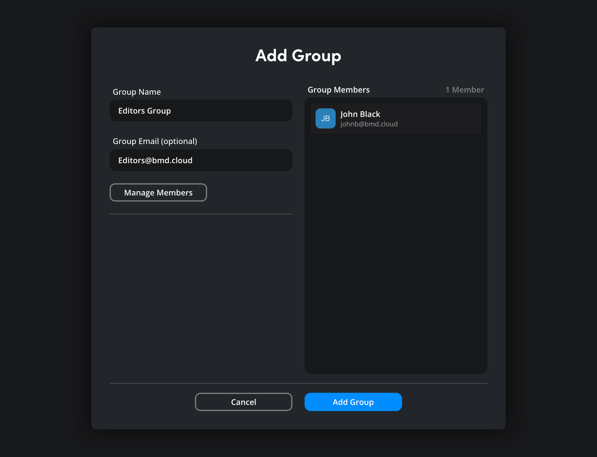 The Add Group dialog showing the group members list with one member added to the Editors Group