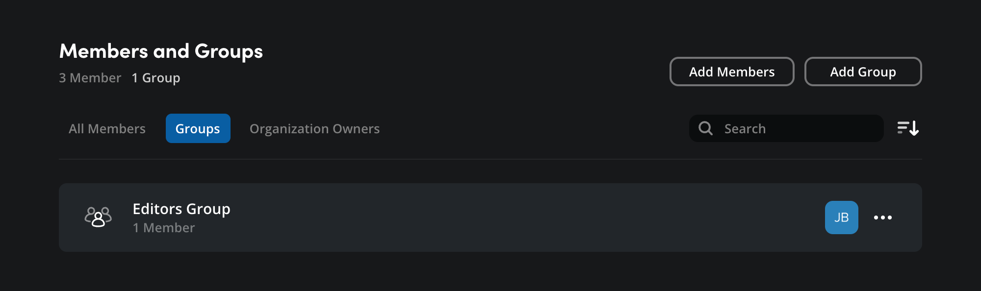 The Groups tab showing the newly created Editors Group with one member in the list