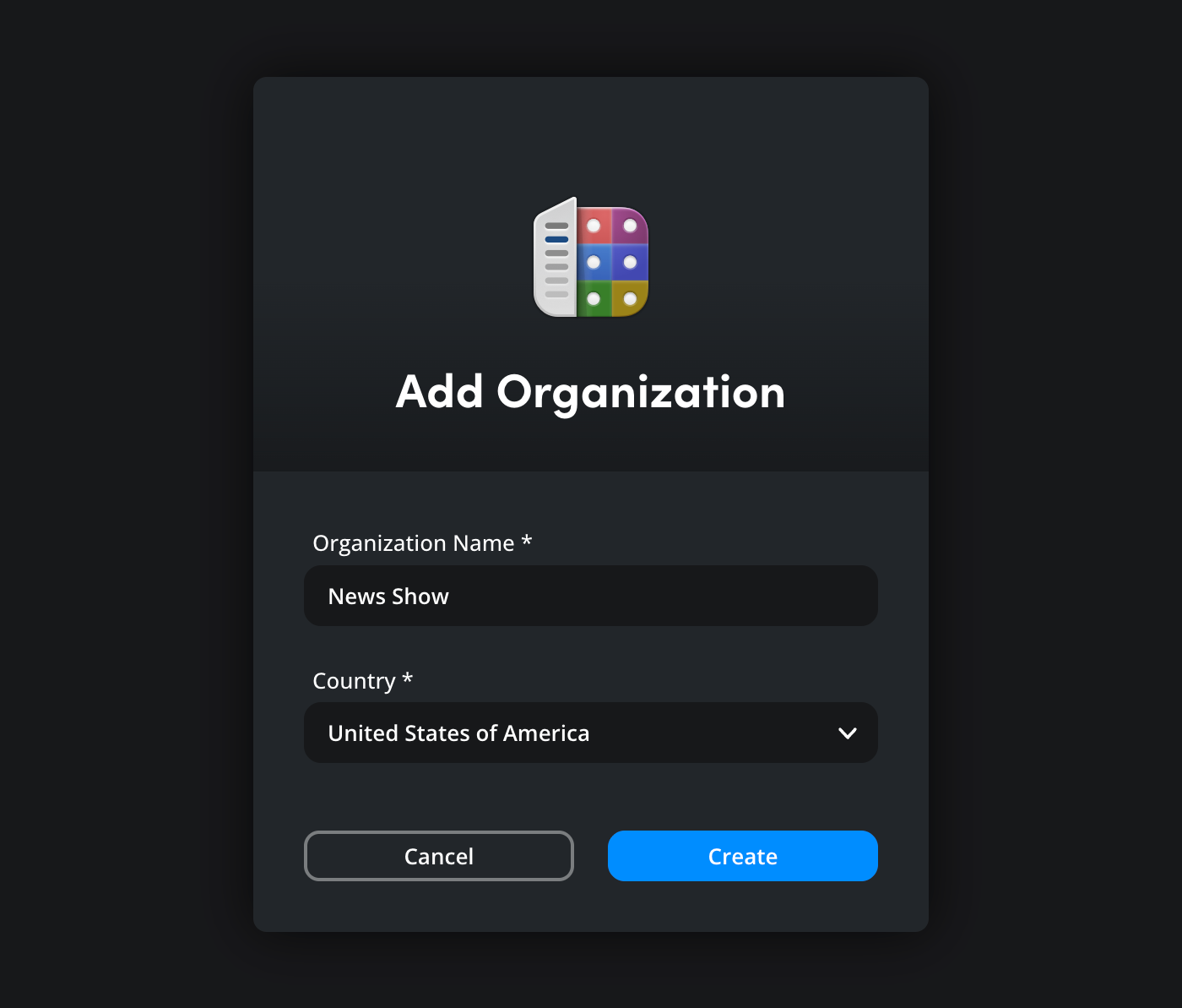 The Add Organization dialog window with fields for Organization Name and Country dropdown, showing example inputs