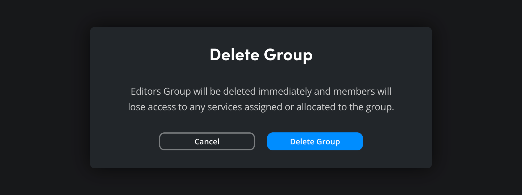 The Delete Group confirmation dialog warning about group deletion and member access loss