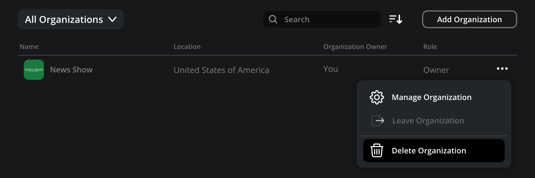 The organizations page showing the three-dot menu with Manage Organization option visible