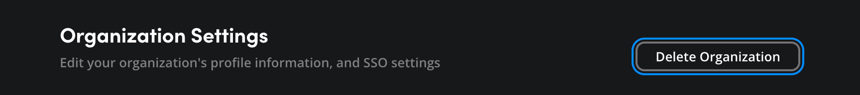 The Organization Settings page with Delete Organization button highlighted in the header