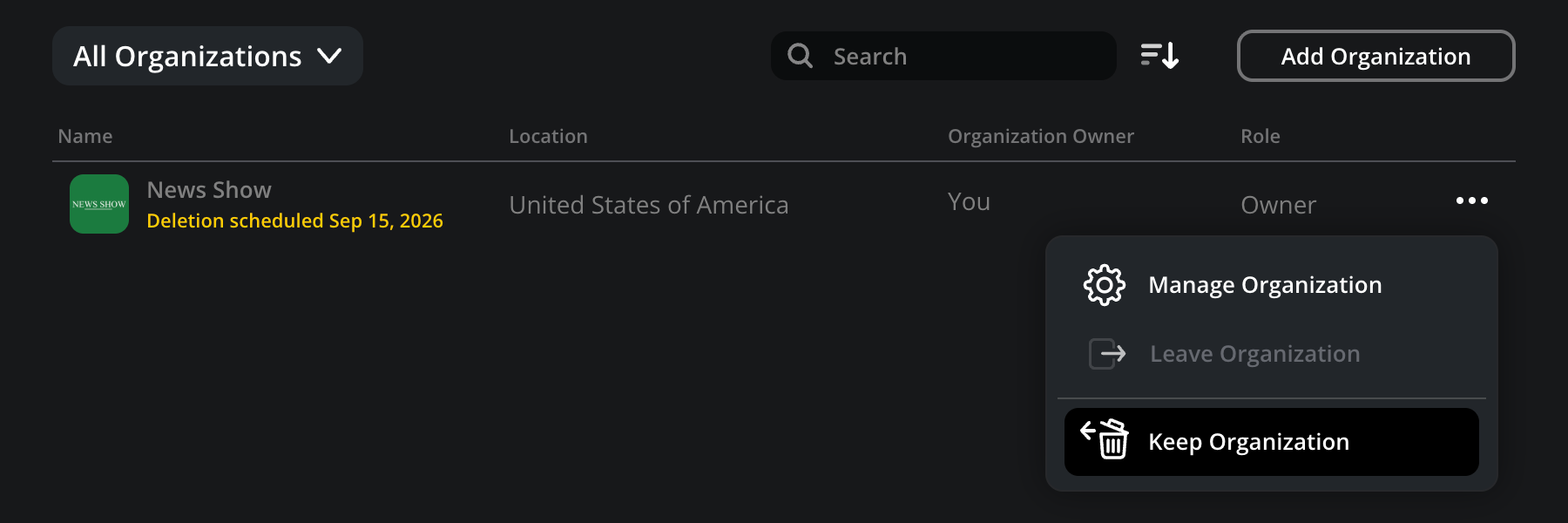 The organizations page showing the organization with yellow Deletion scheduled message in the list