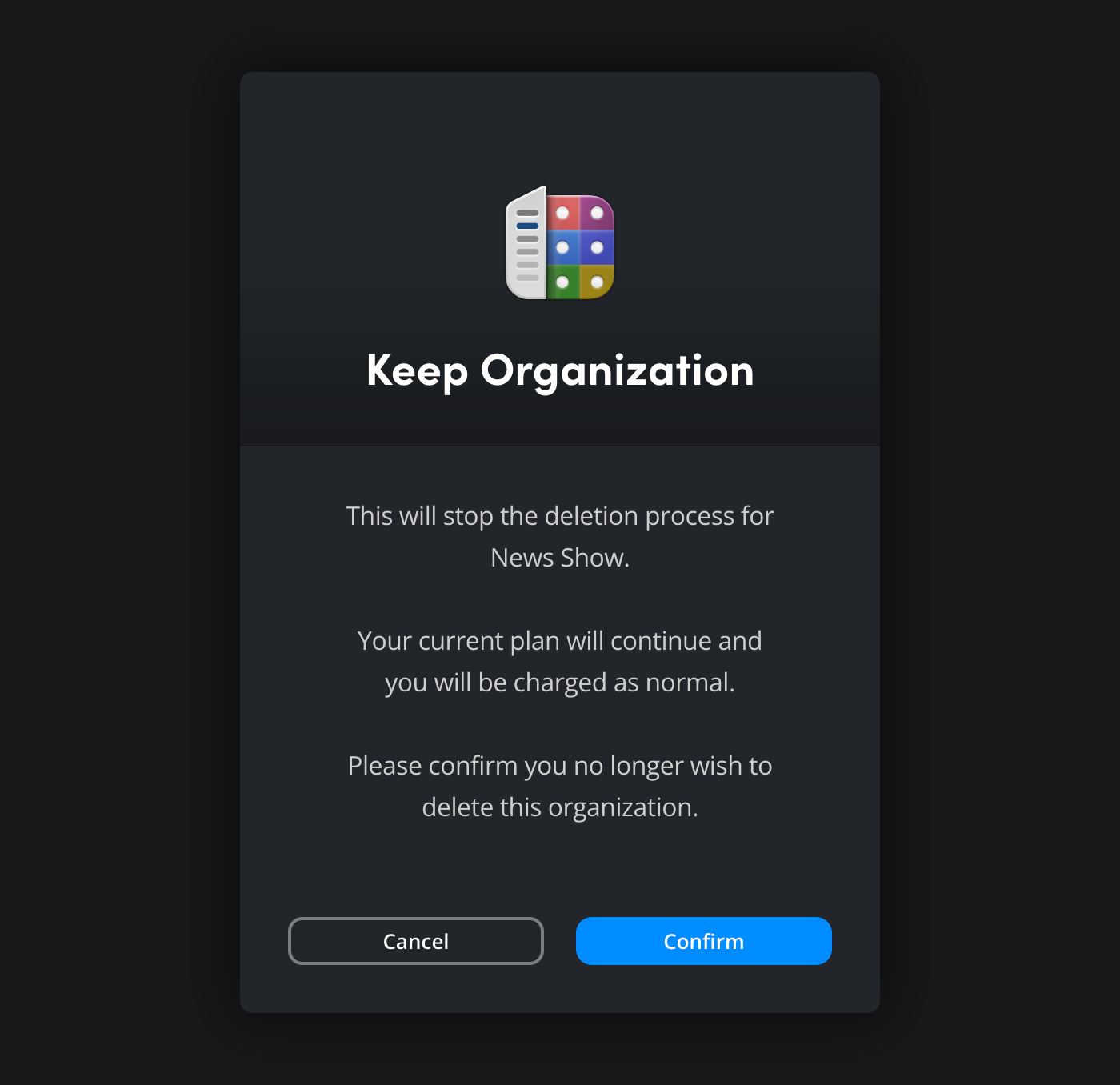 The Keep Organization dialog confirming the cancellation of the deletion process