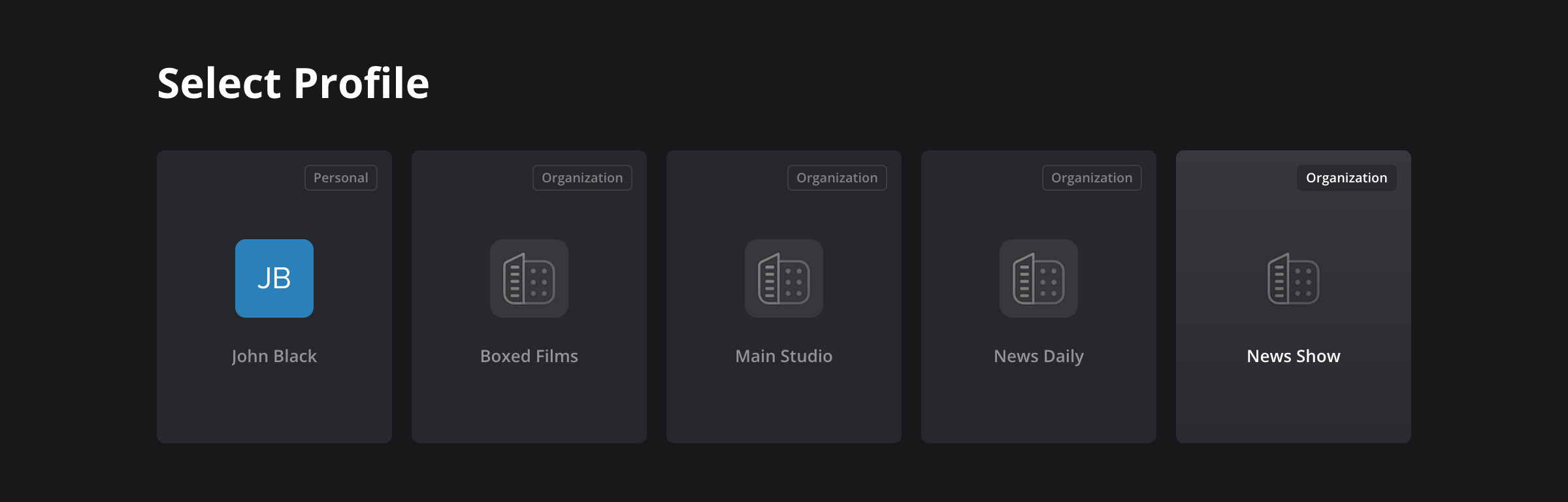 The Select Profile page showing multiple profile cards including the newly created News Show organization