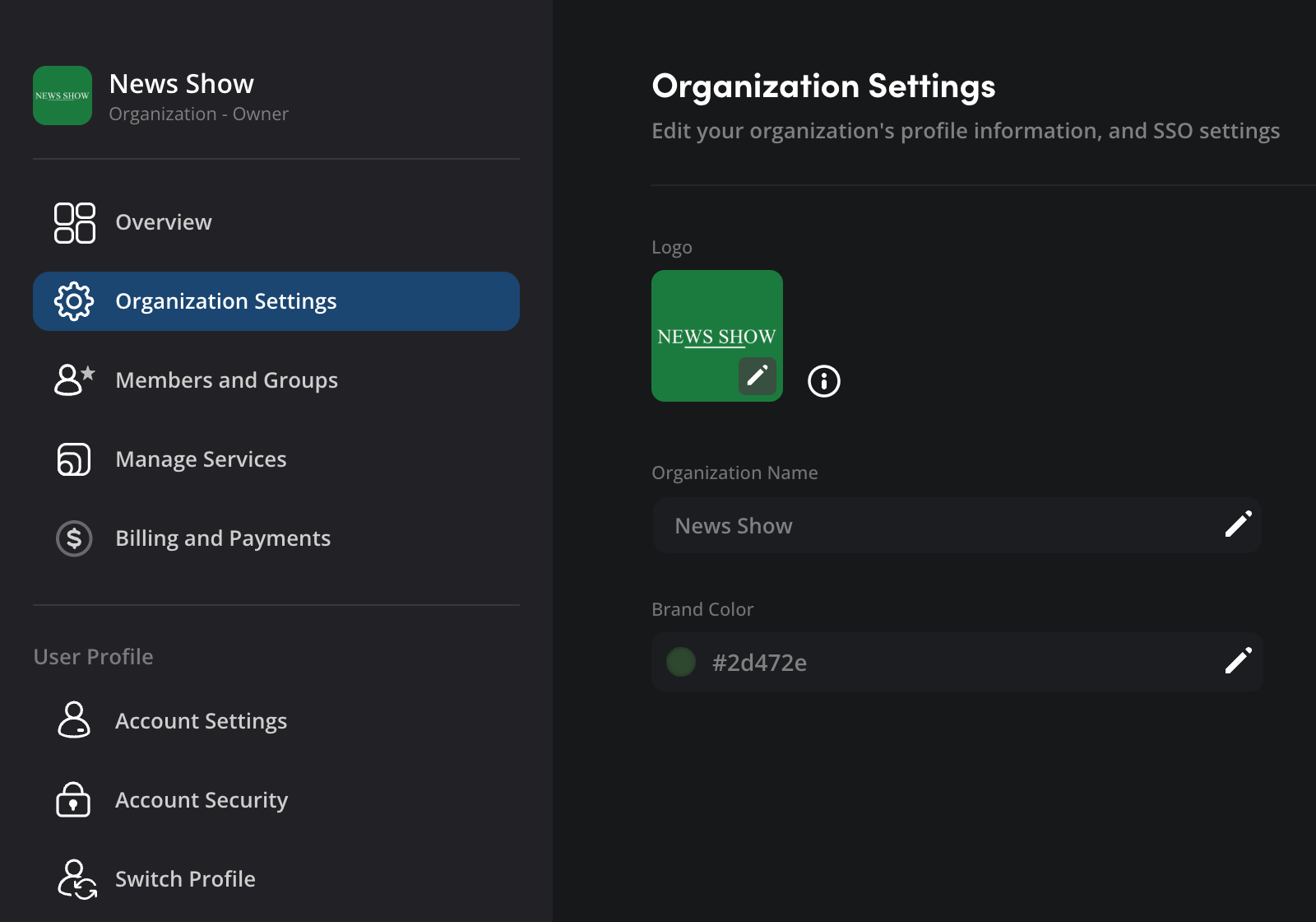 The Organization Settings page showing the left sidebar with menu options and the main settings panel with Logo and Organization Name fields