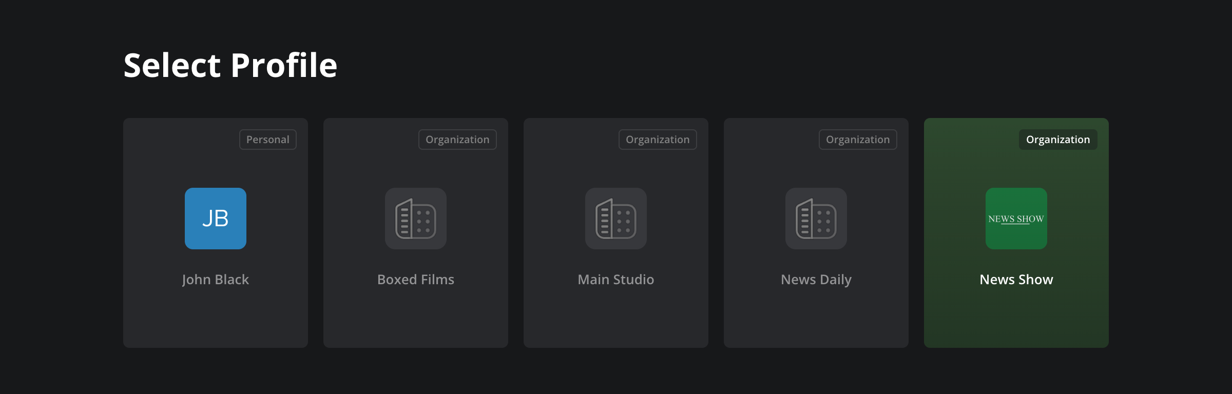 The Select Profile page showing profile cards with the News Show organization highlighted in green