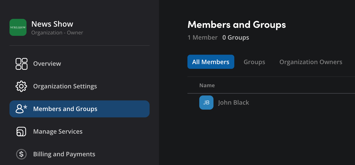The Members and Groups page showing the All Members tab selected with a list of organization members