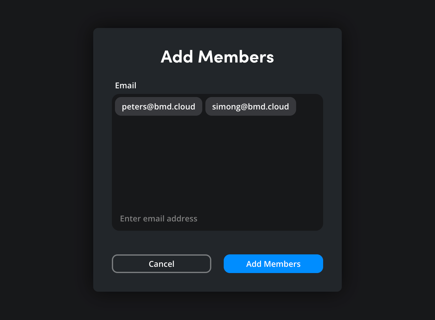 The Add Members dialog showing an email input field with multiple email addresses entered as tags
