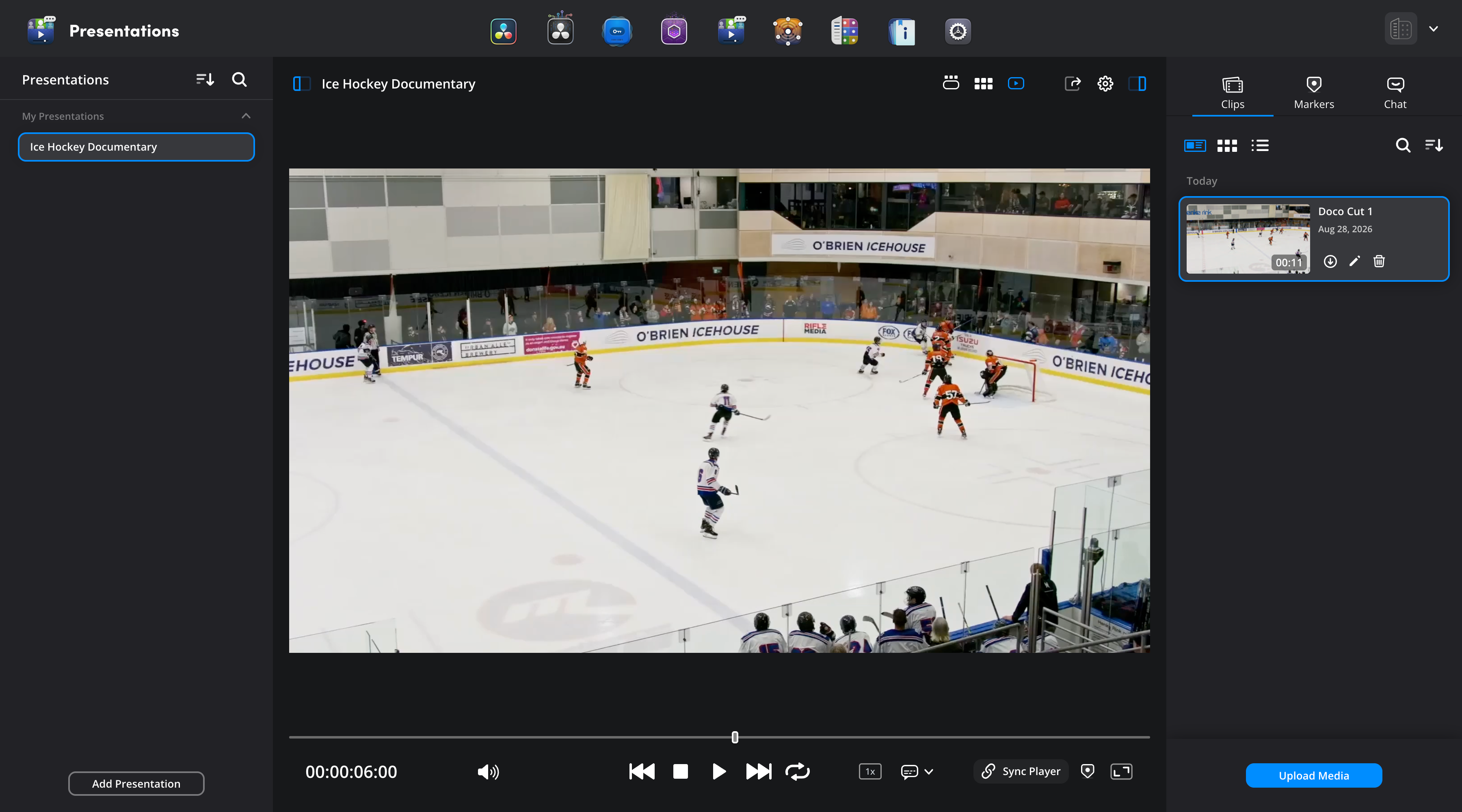 The presentations page showing the presentations list in the left sidebar, an ice hockey clip in the center viewer and the clips, markers and chat tabs in the right sidebar