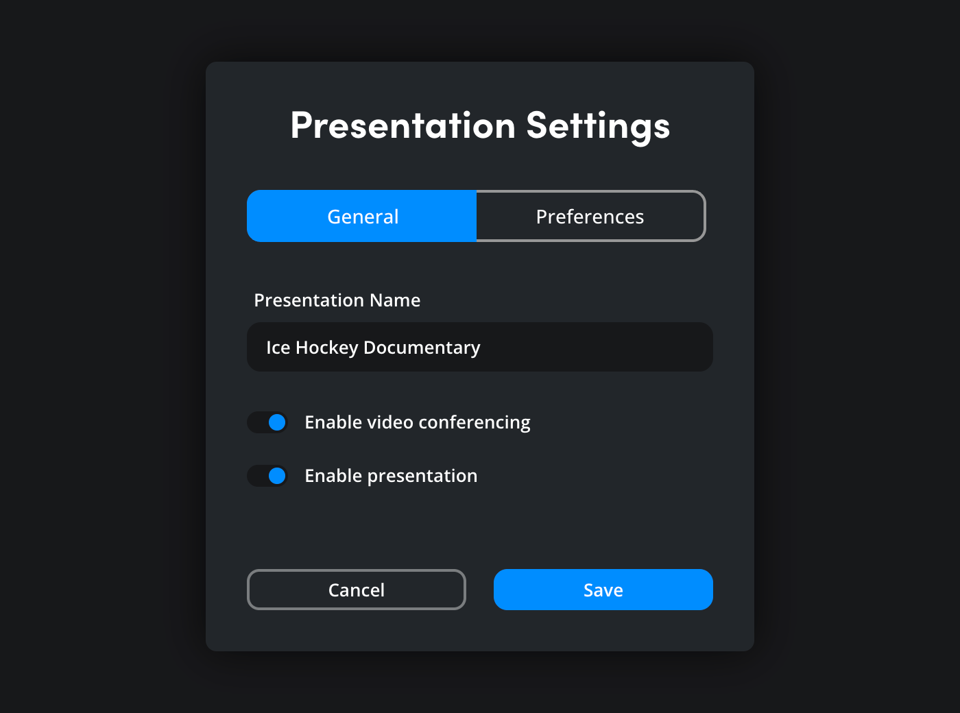 The general tab of the presentation settings window with the presentation name field and video conferencing and presentation toggles